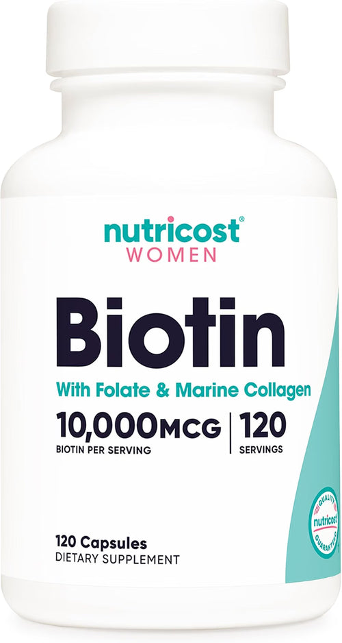 Nutricost Biotina + Folato y Colágeno Marino 10,000mcg - 120 Cápsulas