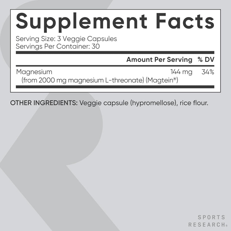 Sports Research Magnesio L-Treonato 2000mg - 135 Cápsulas Vegetales