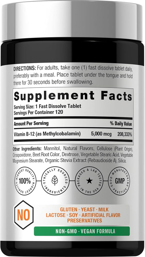 Horbaach Vitamina B12 Metilcobalamina 5000mcg Sublingual - 120 Tabletas (4 meses)