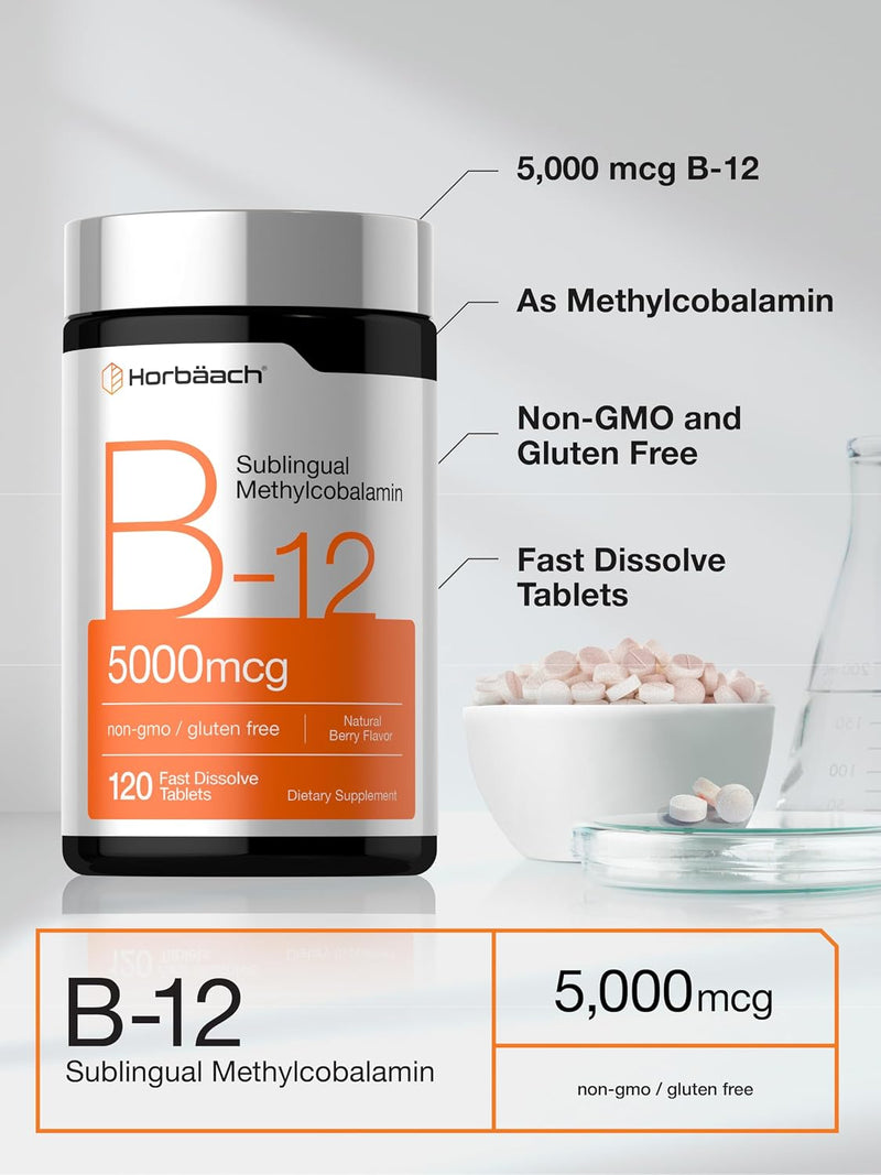 Horbaach Vitamina B12 Metilcobalamina 5000mcg Sublingual - 120 Tabletas (4 meses)