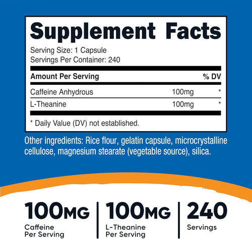 Nutricost Cafeína + L-Teanina 100mg/100mg - 240 Cápsulas