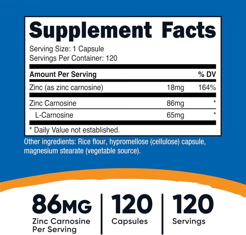Nutricost Zinc Carnosina 86mg - 120 Cápsulas