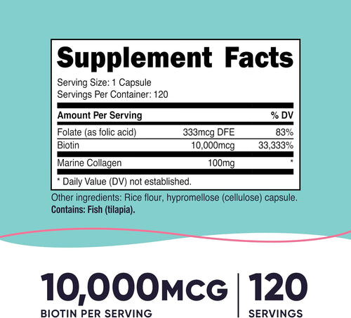 Nutricost Biotina + Folato y Colágeno Marino 10,000mcg - 120 Cápsulas
