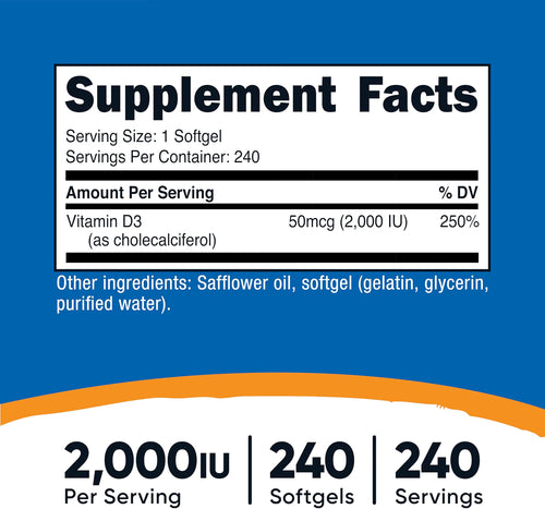 Nutricost Vitamina D3 2000 IU - 240 Cápsulas