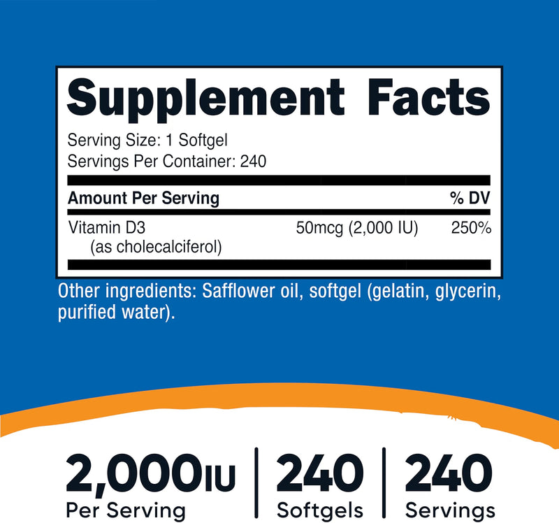 Nutricost Vitamina D3 2000 IU - 240 Cápsulas