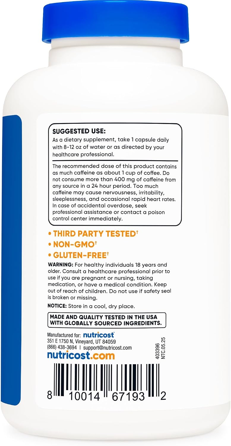 Nutricost Cafeína + L-Teanina 100mg/100mg - 240 Cápsulas