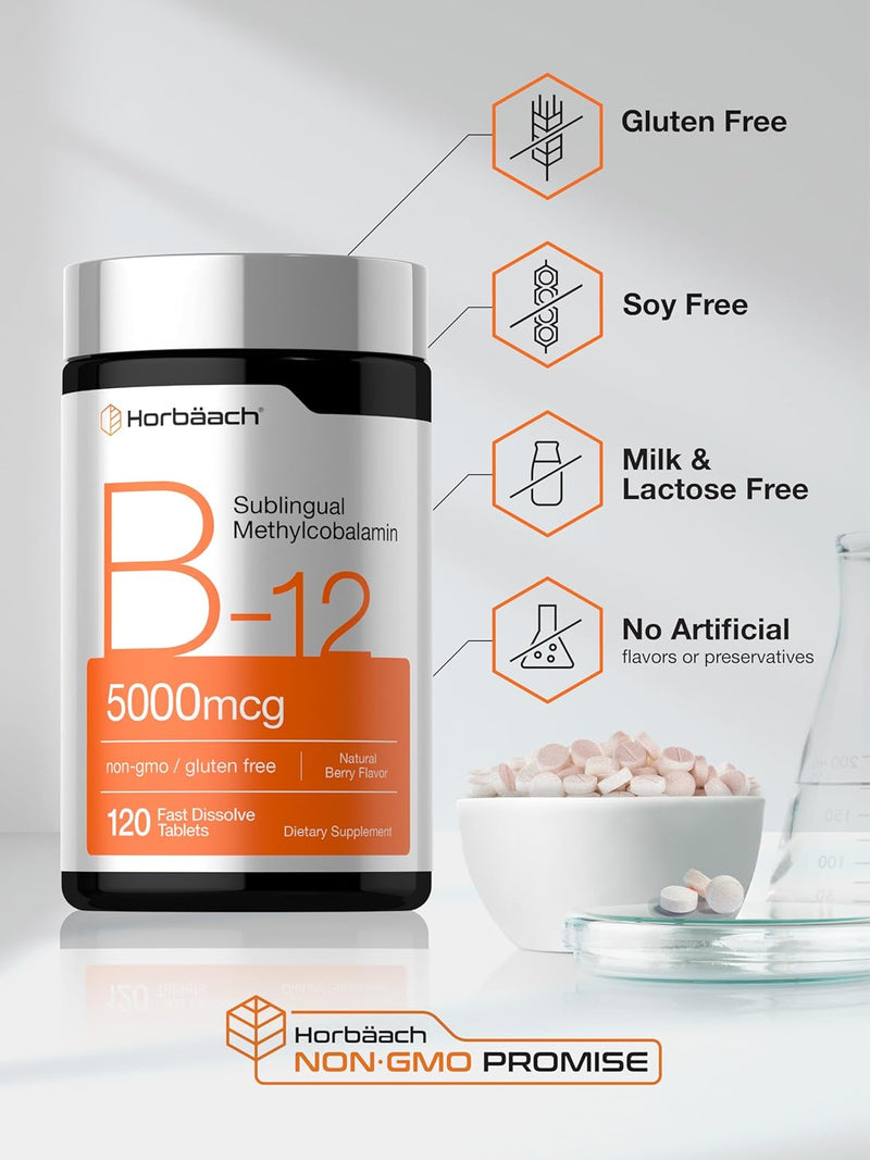 Horbaach Vitamina B12 Metilcobalamina 5000mcg Sublingual - 120 Tabletas (4 meses)