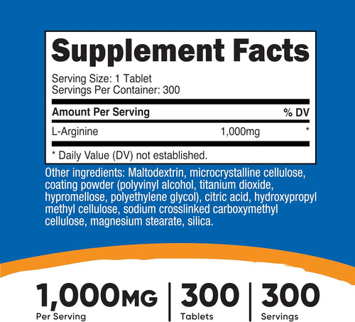 Nutricost L-Arginina 1000mg - 300 Tabletas