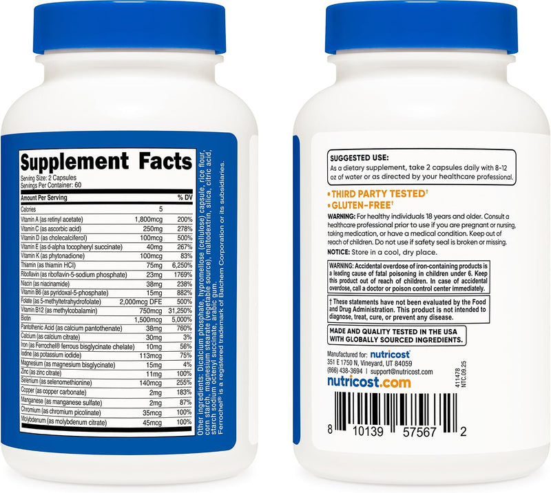 Nutricost Multivitamínico metilado 120 cápsulas, 60 porciones - 23 vitaminas y minerales por porción