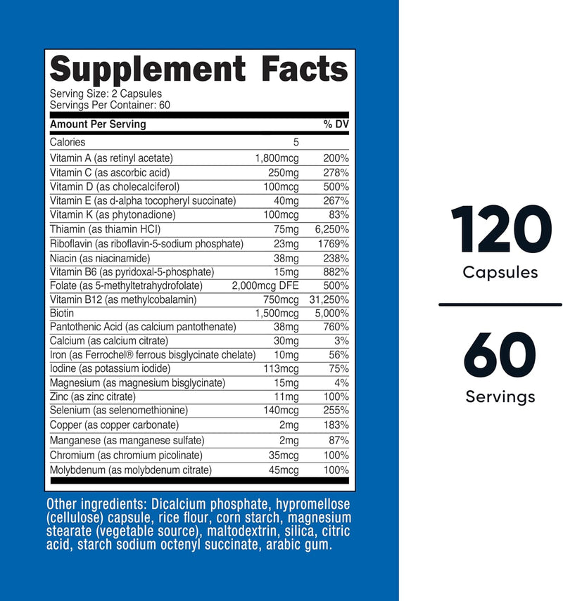 Nutricost Multivitamínico metilado 120 cápsulas, 60 porciones - 23 vitaminas y minerales por porción