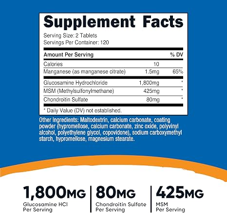 Nutricost Glucosamina + Condroitina + MSM 1800mg - 240 Tabletas