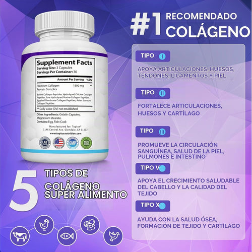 Toplux Collagen Peptides 5 Tipos 1800mg - 90 Cápsulas