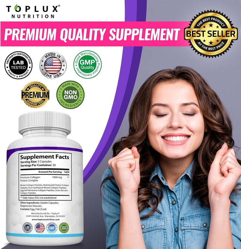 Toplux Collagen Peptides 5 Tipos 1800mg - 90 Cápsulas